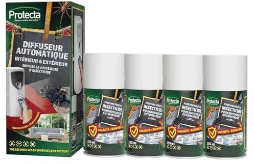 Protecta® - Kit Diffuseur Insecticide Automatique Programmable + Aérosol Pyrèthre 250 ml - Anti-Mouches, Moustiques & Insectes Volants et Rampants - Protection 24h/24 (1 diffuseur + 4 aérosols)