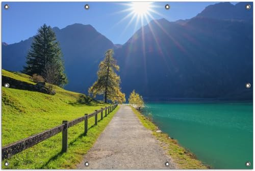 Wallario Outdoor-Poster für Garten oder Balkon Uferweg am Bergsee, Motivbanner Größe: ca. 100 x 150 cm, Outdoor-Bild