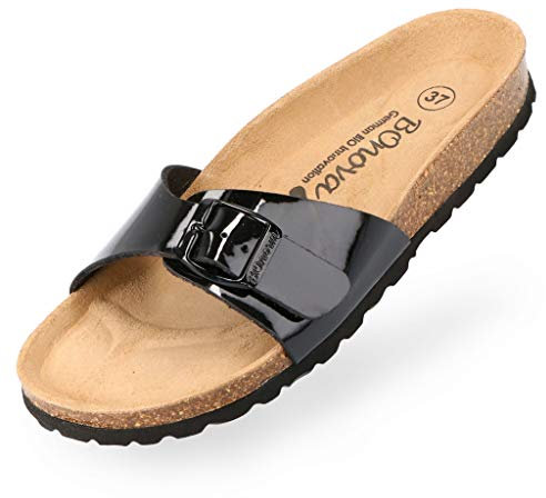 BOnova Damen Pantoletten Teneriffa in Lack schwarz 40, modischer Einriemer mit Korkfußbett - komfortable Sandalen zum Wohlfühlen - hergestellt in der EU