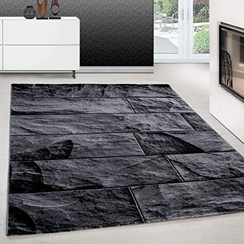 Teppium Moderner Kurzflor Teppich Läufer Flur 80 x 150 cm Schwarz - Teppich Waschbar, Steindesign, Pflegeleicht und Weich - Ideal als Bettvorleger im Schlafzimmer und Küchenläufer