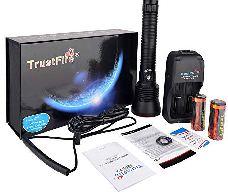 TrustFire DF70 Kit Linterna de buceo Lámpara subacuática de 3200 lúmenes para buceadores Impermeable 70M - con 2 x 26650 baterías, 1 x cargador, 1 x correa de mano y 4 x juntas tóricas de repuesto