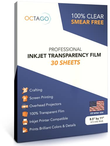 Octago Tintenstrahl-Transparenzpapier (100% klar) für Drucker, Farb-Tintenstrahl-Transparenzfolie, Acetatblätter zum Basteln, Premium-Druck, transparent (21,6 x 27,9 cm) – 30 Blatt