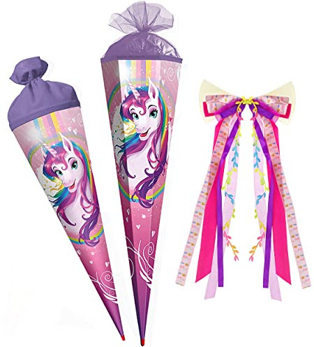 Schultüte - Einhorn - Regenbogen Unicorn - 35-100 cm - Größe wählbar - mit Holzspitze - 6 eckig - incl. große Schleife - Tüllabschluß - Zuckertüte - Roth - ..