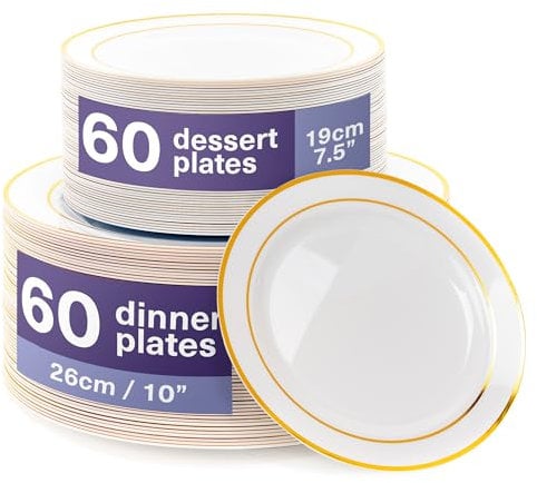 MATANA 120 Platos de Plástico Blanco Premium con Borde Dorado, 2 Tamaños - Elegantes y Reutilizables - Vajilla Resistente e Irrompible para Bodas, Cumpleaños, Catering, Barbacoas, Fiestas