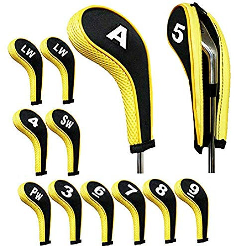 TOHMLAPE Number Print Golf Iron Head Covers with Zipper Long Neck 12pcs/set for Irons Titleist, Callaway, Ping, Taylormade, Cobra,Black & Yellow