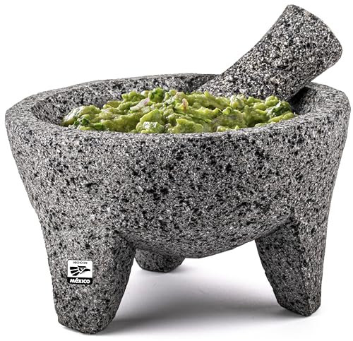 Echter handgefertigter mexikanischer Mörser und Stößel, Molcajete de Piedra natürlicher Vulkanika-Stein, schwer und langlebig, perfekt für hausgemachte Salsas, Guacamole und andere Molcajete-Teller |