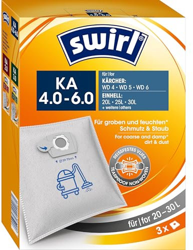 Swirl KÄ 4-6 sacchetti per aspirapolvere a umido e secco (3 pezzi, compatibile con Kärcher WD 4, WD 5, WD 6, Einhell e altri, materiale non tessuto antistrappo, 3 strati)