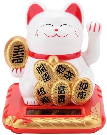 Cyrank Glückskatze, Chinesische Winken Katze Nette Begrüßungskatze Solar Winkend Beweglicher Arm Gold Reichtum Fortune Feng Shui Dekoration(Weiß)