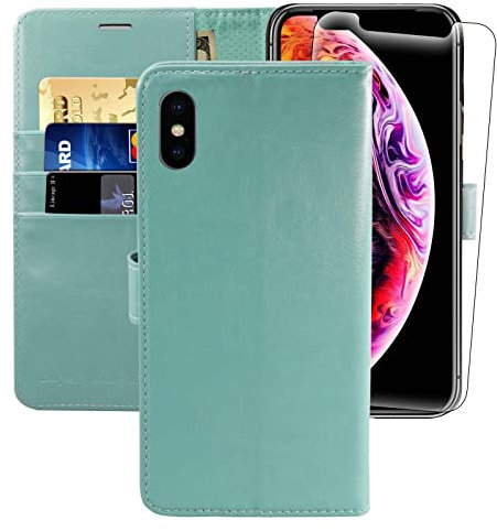 MONASAY Handyhülle Fit für iPhone X/XS Hülle 5.8 Zoll,[Schutzfolie][Kartenfach][Standfunktion][Magnet],Stoßfeste Schutzhülle,Premium Leder Flip Case,Mintgrün