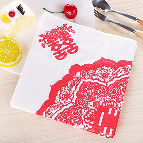 100pcs Geburtstagsfeier Papierservietten,Helles rotes chinesisches Zeichen Zeichen Kunst,2Ply Einwegpapier Party Servietten Servietten 33Cmx33Cm Ideal für Decoupage Crafting für Brautdusche,Tee