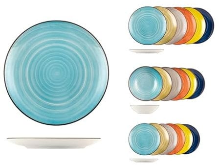 H&H Caribe - Servicio de mesa, 18 platos de Stoneware, colores surtidos, lavavajillas, mesa alegre, verano