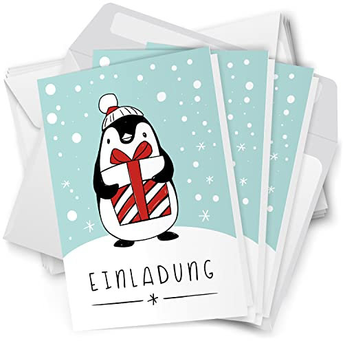 10 x Einladungskarten Klappkarten Weihnachten mit Umschlag zur Weihnachtsfeier Motiv Pinguin mit Geschenk