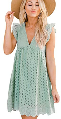 OADOBKICE Kurzärmeliges Kleid Damen Elegantes Kleid Damen Spitzenkleid Jacquard Hohlkehle V-Ausschnitt Kleid Tasche Kleid Shorts Damen Ausgefallenes Kleid Basic Kleid Kurzärmeliges Damen Hellgrün XS