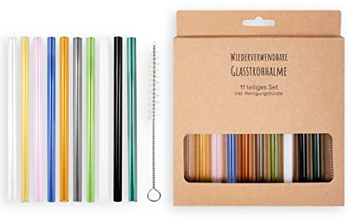 CEY Glasstrohhalme| wiederverwendbar| Trinkhalm| gerade und gebogene Strohhalme| Spülmaschinenfest| inklusive Reinigungsbürste| 20cm –12cm (Bunt, 10 Stück | + Bürste | 20 cm)