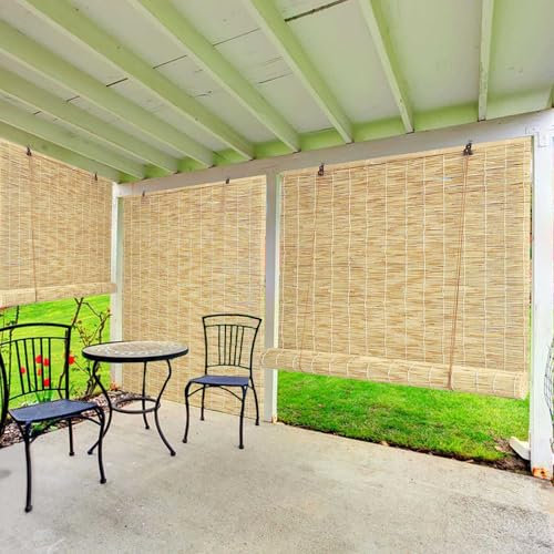 Schnurlos Schilfrollos Anpassbar, Wetterfest Außen- Schilf Vorhang, Sichtschutz Bambus Rollos Outdoor, Atmungsaktiver, Sonnenschutz, Für Garten Terrasse Balkon Fenster Innen Außen (Color : Natural wh