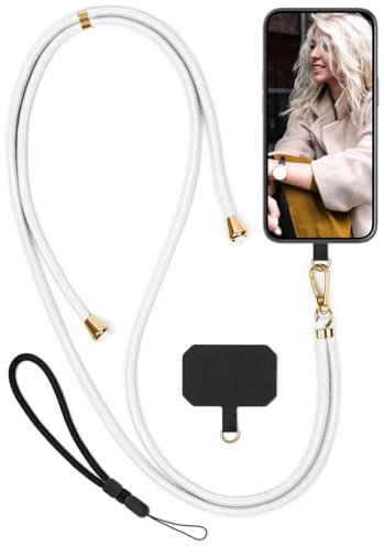 moex Unleash Cordon de téléphone portable pour iPhone 15 sans coque - Chaîne de téléphone portable avec mousqueton - Cordon amovible - Avec coussinet pour coque de téléphone portable - Blanc doré