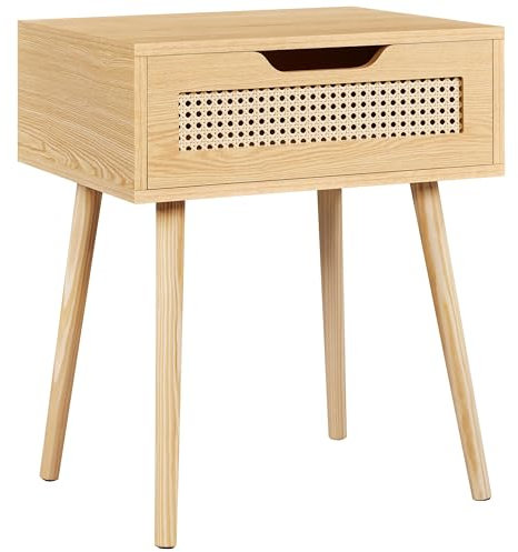 Yaheetech Nachttisch Rattan Beistelltisch Nachtkommode mit 1 Schublade Holzbeine Sofatisch Nachtschrank Schlichte Nachtkommode fürs Wohnzimmer/Schlafzimmer, Hellbraun