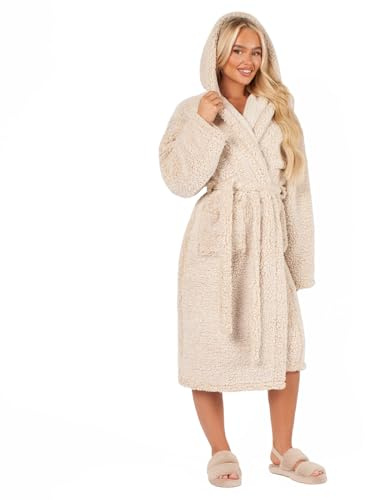 Brentfords Teddy Marl Beige Ladies Dressing Gown, Soft Warm Comfy Womens Hooded Dressing Gowns Luxury Oversized Fluffy Dressing Gown, One Size