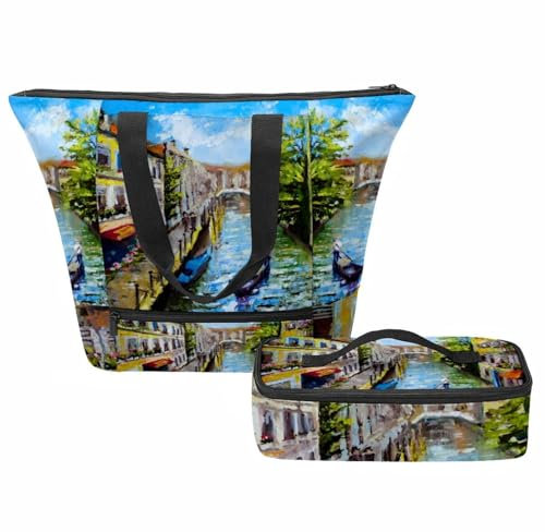 Venedig Italien Handtaschen für Frauen, Tote Umhängetasche mit isoliertem Lunchtasche Set, Top Griff Schulter Handtaschen mit Reißverschluss, multi, Einheitsgröße