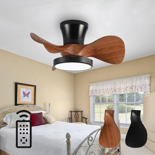 Negro Ventilador De Techo Con Luz Pequeño Dormitorio Regulable Memoria Lampara Ventilador Techo Mando A Distancia Reversible Silencioso DC Lampara Techo Ventilador LED Smart Timer Lounge-Black Walnut