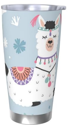 VducK Thermobecher mit Deckel, Lama-Druck, isoliert, Reise-Kaffeebecher, wiederverwendbar, Edelstahl, Thermobecher, Reisebecher, isoliert für heiß und kalt, 590 ml