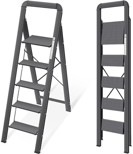 KINGRACK Stufenleiter, 5 Stufen, klappbare Stufenleiter mit Handlauf, rutschfeste Haushaltsleiter mit Klappsicherung, Aluminium Tritthocker, maximale Belastung 150 kg - Schwarz