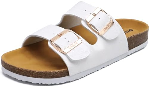 ONCAI Women’s Flat Slide Sandals Suede Leather Adjustable Double Buckle Strap Cushion Cork Footbed Open Toe Mules with Non-slip Rubber Sole Floral White 6 UK