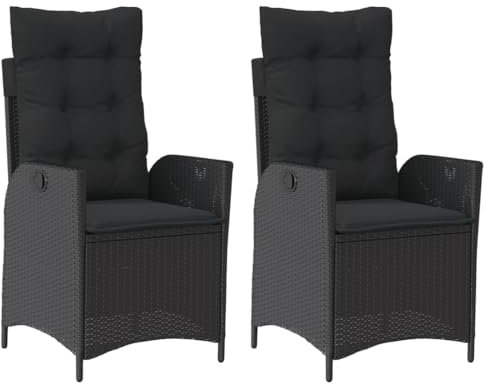 vidaXL Gartensessel mit Kissen 2 STK., Gartenstuhl mit Verstellbarer Rückenlehne, Liegestuhl mit Stahlrahmen, Sessel Stuhl Relaxsessel, Schwarz Poly Rattan