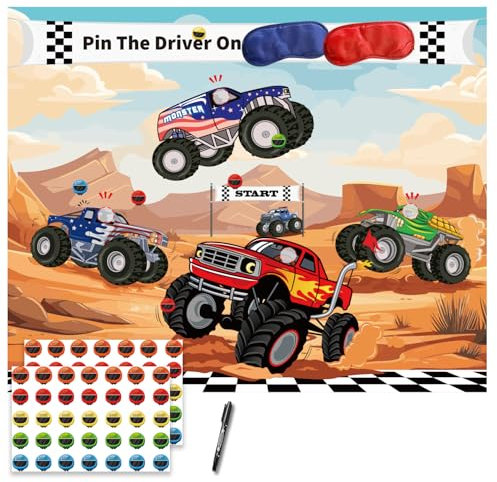 TYHJOY Monster Truck Geburtstagsparty Supplies Dekorationen, Pin The Driver on The Monster Truck Spiel, Auto Thema Geburtstag Party Supplies Jungen Party