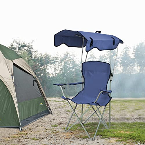 OHMG Chaise de Camping Pliante avec Accoudoirs, Pare-Soleil, Porte-gobelet et Sacs de Transport,Fauteuil de Camping pour Plage Pêche en Plein air,Fauteuil de Plage Pliable,Charge 100KG (Bleu)