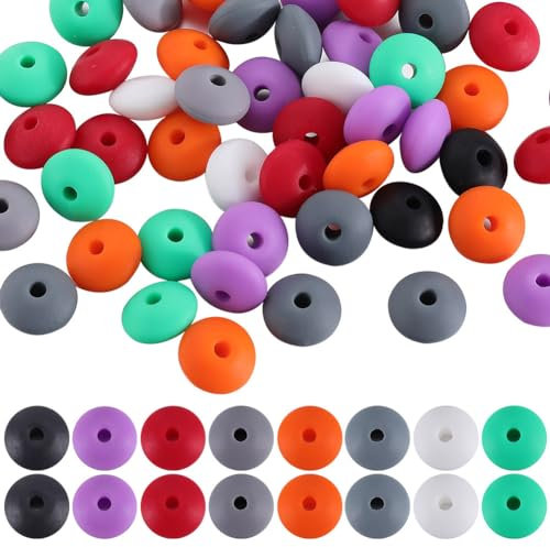 SUNNYCLUE 1 Box 96Pcs 12mm Halloween Silicone Abacus Beads Flat Round Silicone Beads Cute Lentil Shaped Rubber Soft Loose Spacer Beads Bulk for Keychain Pen Making Kit Beading Bracelets Craft Supplies