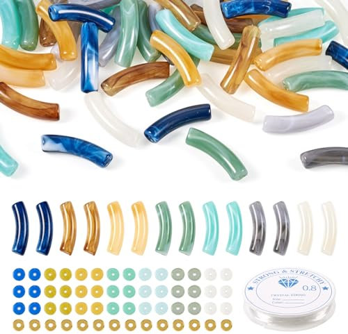 Craftdady Kit de fabrication de bijoux extensibles et épais avec 56 accessoires, perles tubulaires incurvées en acrylique, imitation pierre précieuse, entretoises rondes et plates en verre