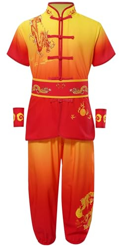 Sywiyi Kids Boy Girl Kung Fu Uniform Master Chinese Traditional Clothing Dragon Print Tops with Pants Belt Cuffs Sets Yellow&Red 13-14 Years