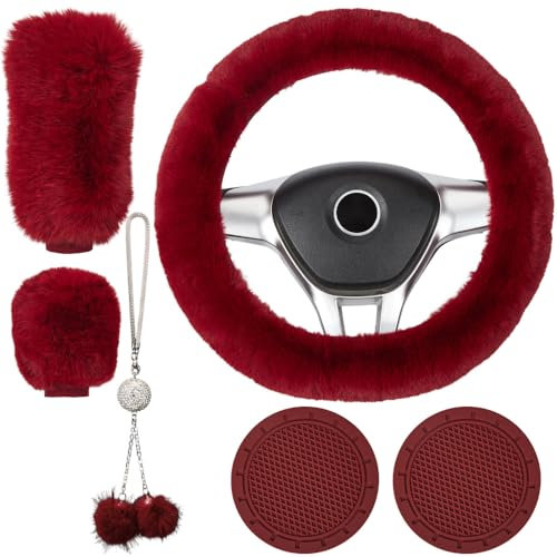 Crevyteg 6 Stück Flauschige Lenkradabdeckung, Plüsch Winter Auto Lenkradbezug, Elastisch Lenkrad Schutzhülle Abdeckung Auto Zubehör mit Handbremsabdeckung Plüsch-Schlüsselanhänger - Weinrot