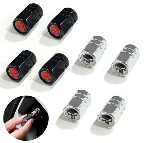 ZAHD 8 PCS Ventilkappen Mit Schlüsselanhänger für Autos, Fahrrad, Geländewagen - Punisher Aufkleber Autoreifen Ventilkappen (Silber Schwarz)