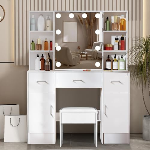LIANWANG Hollywood Large Vanity, Dressing Table with LED Lighted Mirror, 3 Storage Drawers 2 Doors Makeup Table with Soft Cushioned Stool, White Vanity Set for Girls
