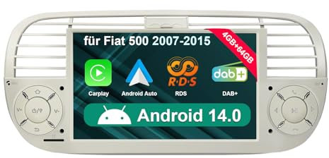 [Cream 4+64GB] Car Radio per Fiat 500 2007-2015 con 7 pollici Touchscreen, Android 14 Radio Supporto Wireless Carplay/Android auto GPS Navi WiFi 4G Bluetooth5.0 FM AM RDS DSP SWC