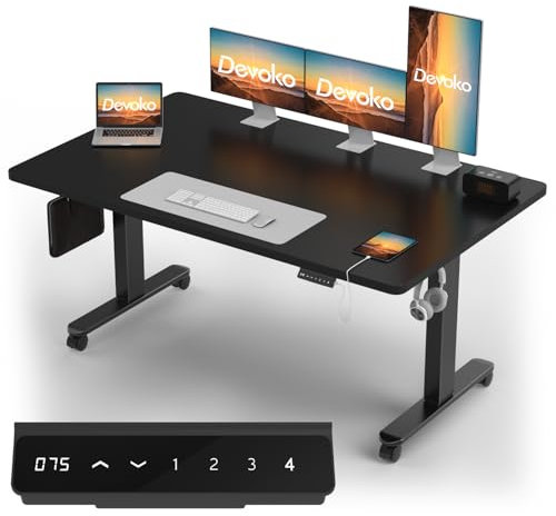 Devoko Höhenverstellbarer Schreibtisch mit 2 Motoren,25mm Einteilige Tischplatte, 160x80 cm Mobiler Elektrisch Computertisch mit Kabel Management, Schwarz - Perfekte Ergonomie für Dein Büro
