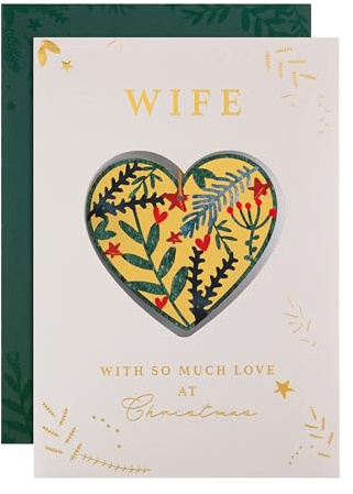 Hallmark Wife Christmas Card, Foliage & Bauble Design, With Keepsake Gift | Gold and Cream, 22.8cm X 15.9cm, Detachable Die-cut, Green Envelope, Recyclable, Gold Foil