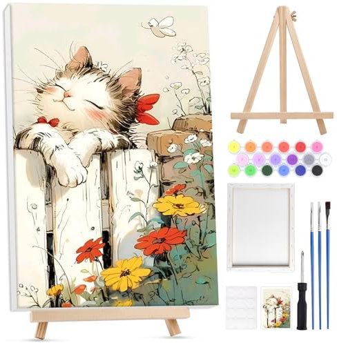 Lxmsja Chat Peinture Numero Enfant Adulte avec Cadre, avec Chevalet en Bois, Peinture par Numero Adulte Animaux, Numéro d'art avec Pinceaux, Loisirs Créatifs Activité Manuelle Adultes, 20x30cm