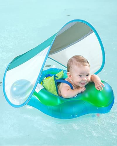 Lorrtta Bouée Bébé avec Auvent Amovible UPF 50+, Flotteur Ajustable pour Bébé, Bouée Piscine Gonflable avec Siège de Sécurité, Protection Solaire, Imperméable, Non Toxique, 3-36 Mois, Sarcelle L