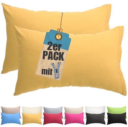 Kissenbezug Doppelpack 60x80 cm Gelb mit verdecktem Reißverschluss - 2er Pack Kissenhülle Set Baumwolle Uni, Waschbar, Atmungsaktiv Mischgewebe