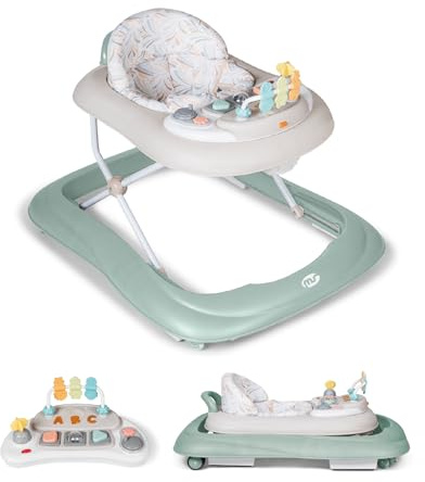 MS BabyWorld - Trotteur BASIC PLUS - Trotteur pour bébé avec plateau de jeux interactif avec sons | Base anti-basculement | Déambulateur roues en silicone et 3 positions de hauteur (Vert)