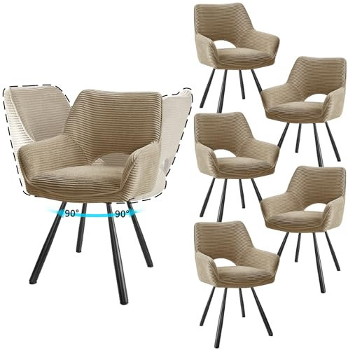 JIJIAN 6er Set Esszimmerstuhl Drehbar mit Armlehne, Drehbar 180°, Küchenstuhl, Moderner Polsterstuhl mit Stoffrückenlehne für Küche, Esszimmer, Schlafzimmer, Braun