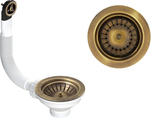 Piletta pilettone di scarico tipo basket per lavello lavabo con troppo pieno, con attacco da 11/2 e Foro da Ø 90mm, Pilettone Ø 114mm, piletta standard in Vecchio Ottone con vite e cestello