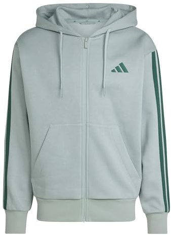 adidas Men's ESSENTIAL THREE STRIPES FLEECE ZIPPER HOODIE, Wonder Sage/collegiate green, XS