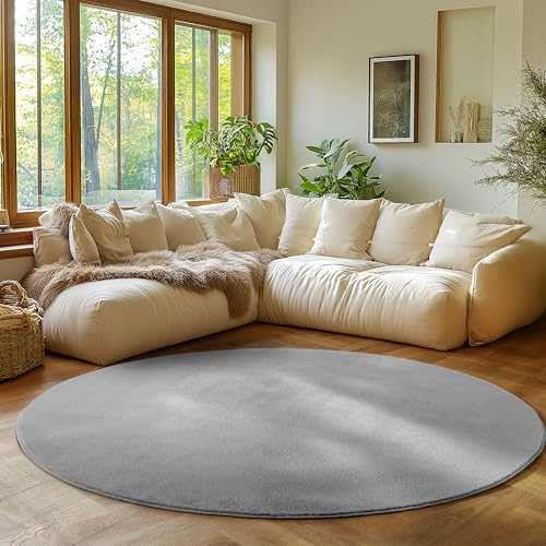 SIMPEX Runder Teppich Silber 160 cm Waschbarer Kurzflor Teppich, rund, rutschfest & weich, modernes einfarbiges Design für Wohnzimmer, Schlafzimmer, Küche & Kinderzimmer.