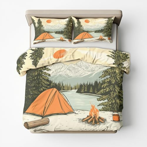 Generisch Bettwäsche Camping 135x200, Wald Landschaft Camper Motiv Wendebettwäsche & Deko, Weiche Microfaser Bettbezug mit Reißverschluss und 1 Kissenbezug 80x80, 2tlg - ASD8130