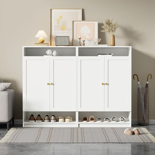 Moderne Schuhschrank, mit verstellbaren Regalen, goldenen Griffen, Schuhkommode mit 2 Türen, weiß, B146/D34/H109