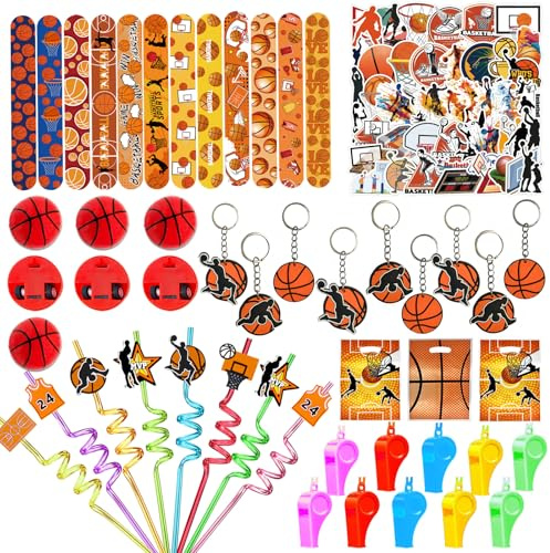 122 Pcs Basketball Party Favor Set with Slap Bracelets Whistles Mini Vehicles Stickers and Gift Bags for Sports Themed Event Decorations and Celebration Giveaways